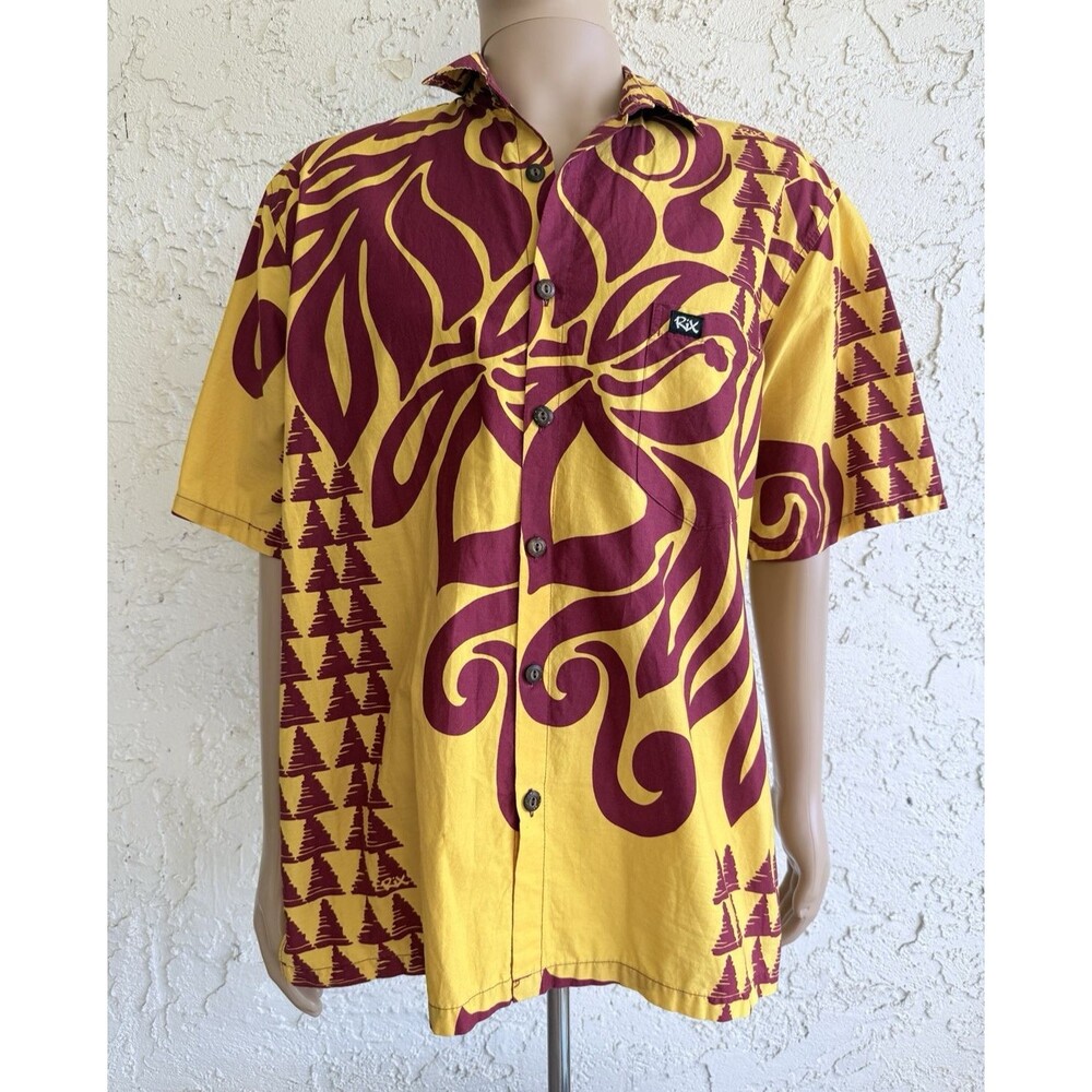 RIX Aloha Shirt Hawaiian Floral Tribal 100% Cotton Button Down Short Sleeve XL
